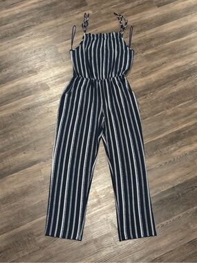Green Envelope Navy and White Striped Tie-Shoulder Jumpsuit